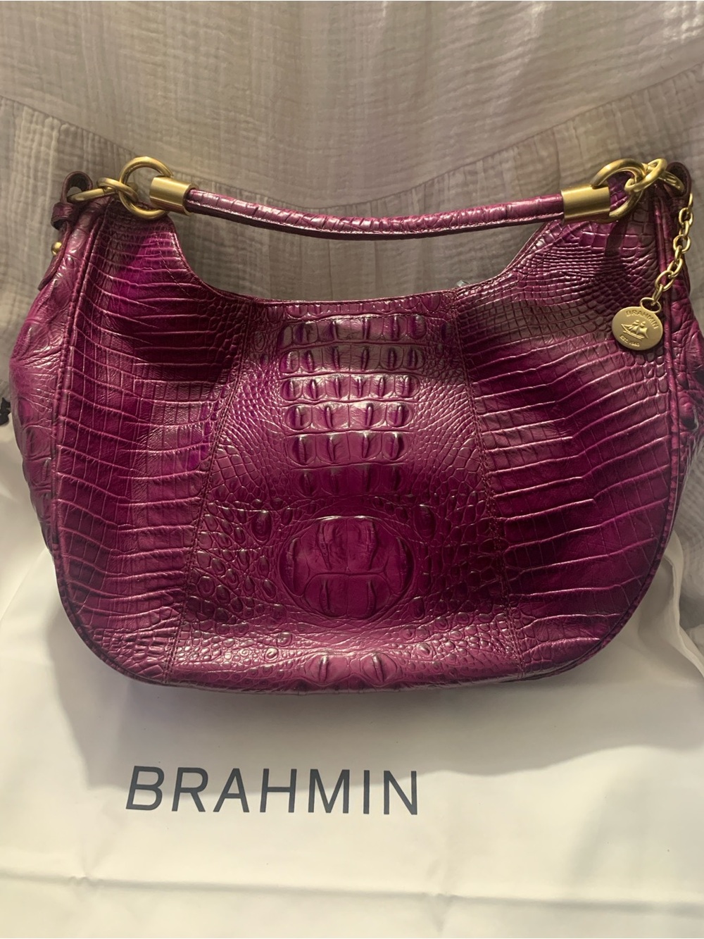 Brahmin Purple Croc-Embossed Leather Hobo Shoulder Bag
